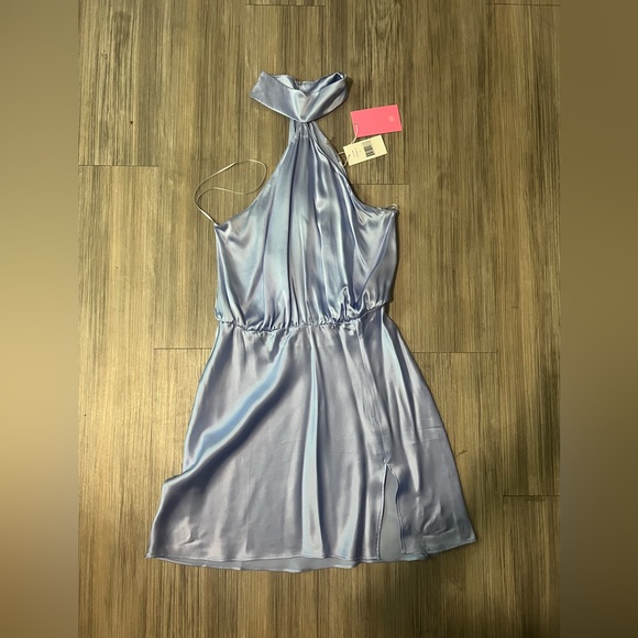 Queens Silk Halter & Slit Blue Mini Dress - Picture 5 of 8